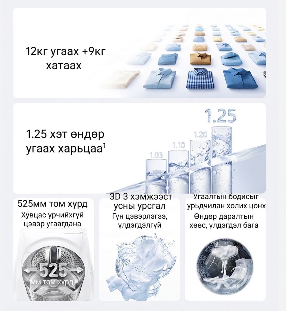 Xiaomi Mijia Washer Dryer 12kg/9kg - Ухаалаг 12 кг угаалт, 9 кг хатаалттай Цагаан - 4