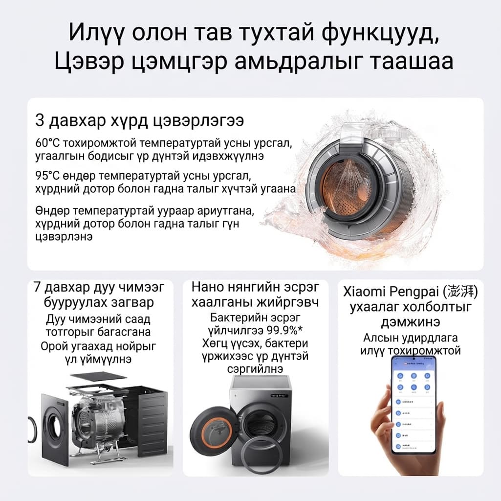 Xiaomi Mijia Washer Dryer 12kg/9kg - Ухаалаг 12 кг угаалт, 9 кг хатаалттай Цагаан - 6
